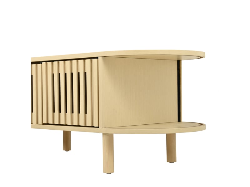  Table basse ovale 100x40x38 cm en mdf bois clair, avec portes à lamelles, pieds en bois massif, rangement intégré  - Conforama E