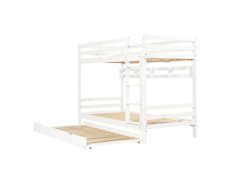 Lit superposé enfant 90x200 cm avec lit gigogne et étagères, sommier à lattes, pin blanc, sans matelas  - Conforama D