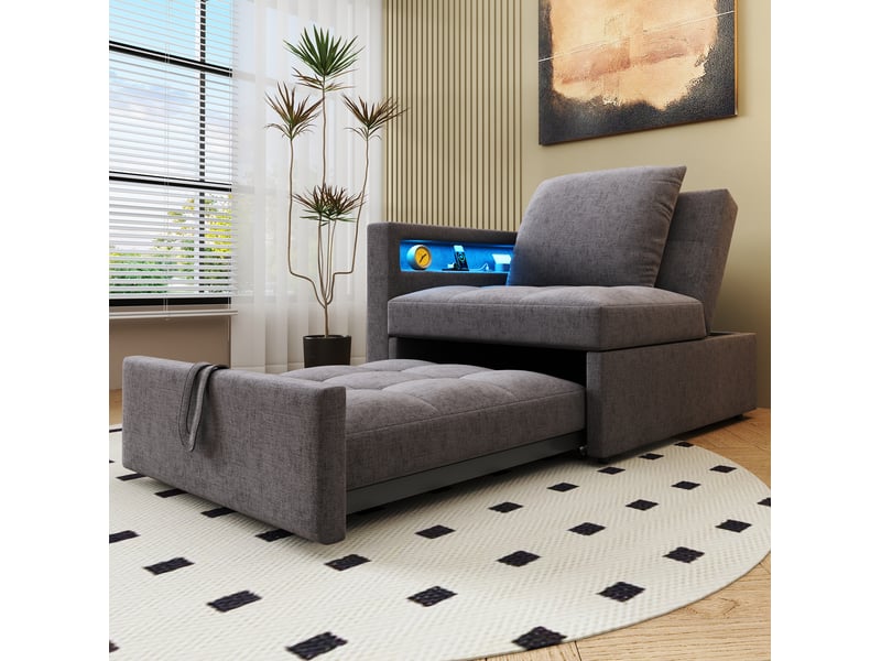  Fauteuil gigogne 177x68x65 cm, design 3-en-1 transformable, led, charge, dossier ajustable, accoudoirs, lin, gris foncé  - Conforama B