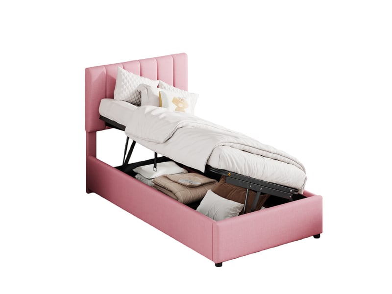  Lit coffre 90x200 cm - lit enfant avec coffre intégré -  en lin - sans matelas - rose  - Conforama A