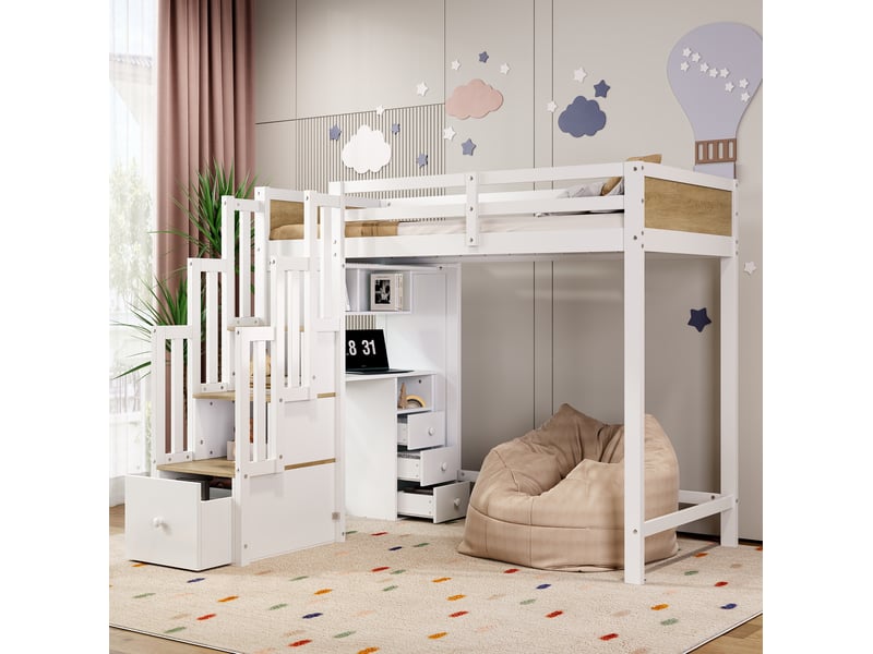  Lit mezzanine enfant 90x200 cm avec bureau, rangements et escalier blanc naturel  - Conforama E