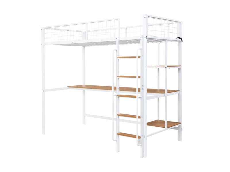 Lit mezzanine 90x200 cm avec bureau et étagères, lit surélevé gain de place chambre enfant et ado, en métal et bois mdf avec échelle, blanc et naturel - Conforama D