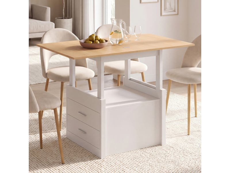 Table basse extensible et relevable en table à manger amaya 120 cm 2 modules avec 2 tiroirs blanc et bois - Conforama E