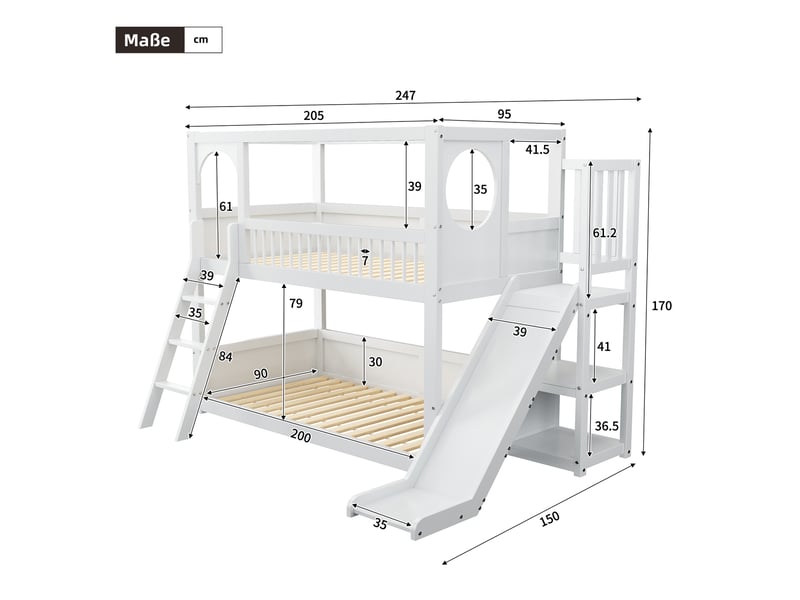 Lit superposé enfant simple 90×200 cm avec étagères et toboggan - sans matelas, pin - blanc - Conforama D