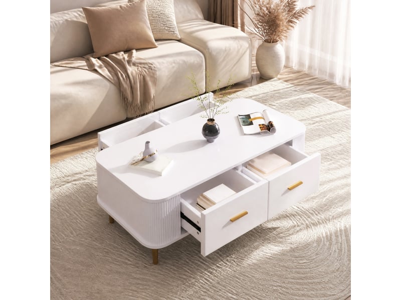  Table basse 105x51x38 cm avec 4 tiroirs en mdf blanc, détails dorés  - Conforama D