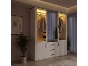 Armoire blanche 3 portes vitrées, miroir fixe central, 3 tiroirs, éclairage led, élégance et fonctionnalité