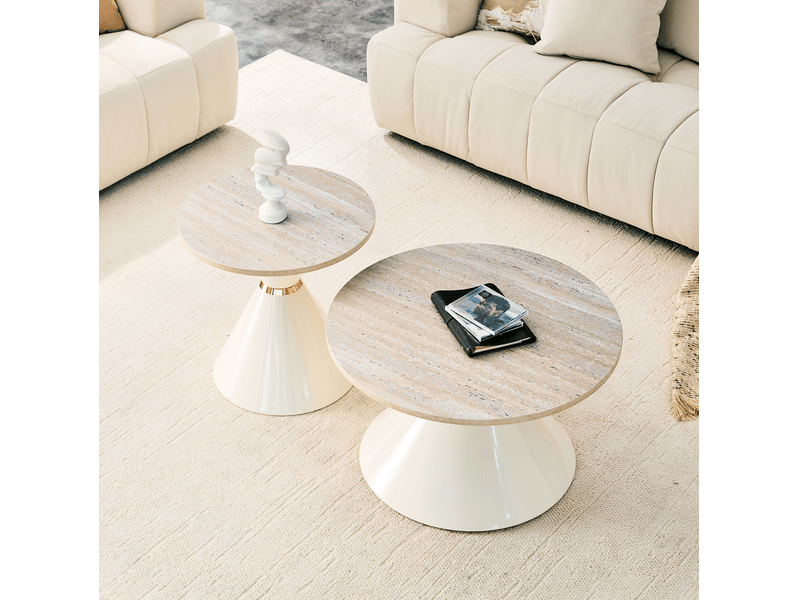 Tables basses gigognes 70x42,5+50x50,5 cm, design conique, empilables pour salon et pour bureau, métal, blanc crème  - Conforama D