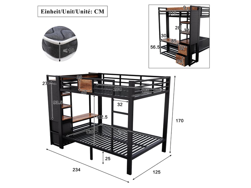  Lit superposé 120x200cm pour 2 couchages, avec armoire, penderie, panneau perforé, tiroirs en tissu et échelle, métal, noir et effet bois vintage evarich - Conforama C