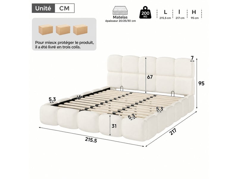  Lit coffre hydraulique avec grand rangement, bouclé blanc, sommier inclus, 200 x 200 cm  - Conforama C