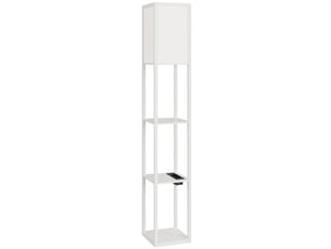 Lampadaire avec 3 étagères, lumière réglable et ports usb, interrupteur au pied, blanc pour salon ou chambre