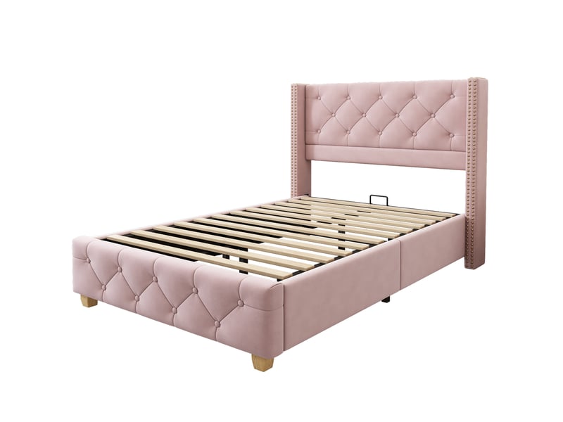  Lit simple capitonné 90x190 cm - avec sommier à lattes et tête de lit - capitonnage à boutons - tissu velours - gris (sans matelas)  - Conforama W