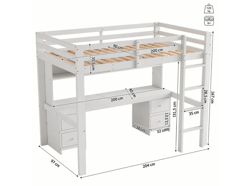 Lit mezzanine enfant avec bureau et rangement, 4 tiroirs, pin massif et mdf blanc, couchage 90x200 cm - Conforama C