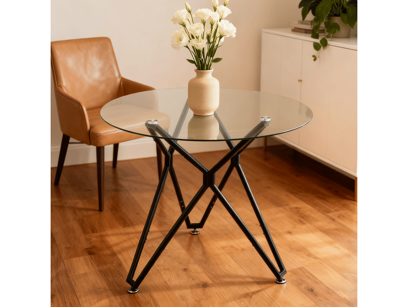 Table à manger ronde 90 cm en verre trempé noir avec pieds en métal - Conforama B