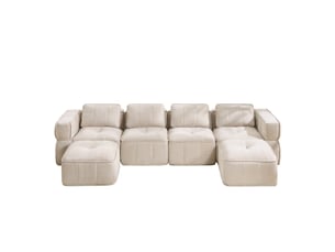 Canapé d'angle u 4 places modulable en tissu polyester beige, 2 poufs, sans montage, pour salon moderne