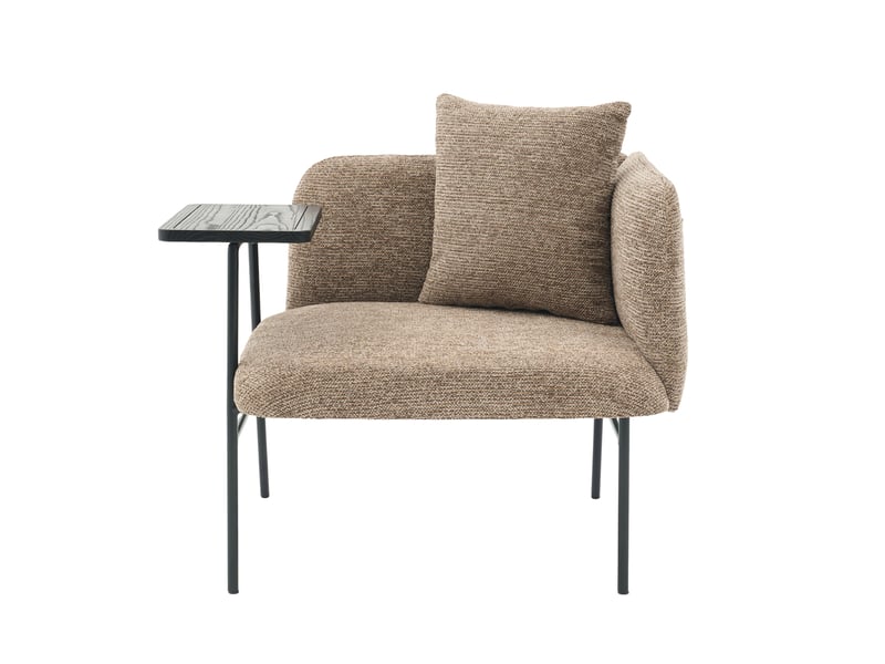  Fauteuil d'appoint en tissu chenille beige avec tablette latérale intégrée, poches de rangement et structure métal  - Conforama E