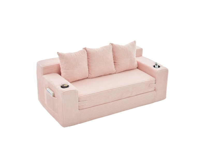  Canapé modulaire 3 places avec porte-gobelets et poches latérales, sans cadre en velours côtelé rose  - Conforama A