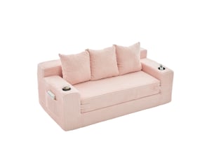 Canapé modulaire 3 places avec porte-gobelets et poches latérales, sans cadre en velours côtelé rose
