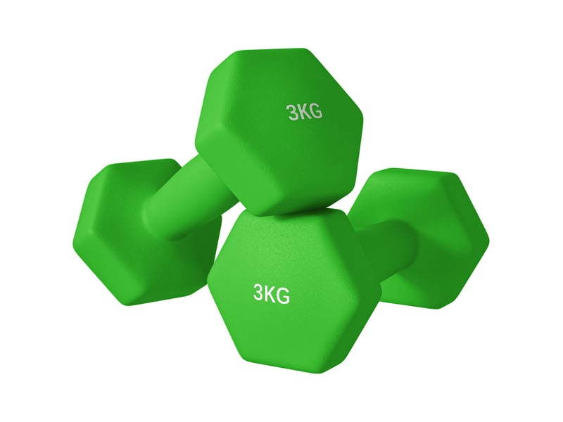 Lot de 2 haltères hexagonales antidérapantes de 3 kg pour la maison et la salle de sport, en métal et plastique, 18 x 8 x 8 cm, vertes - Conforama B