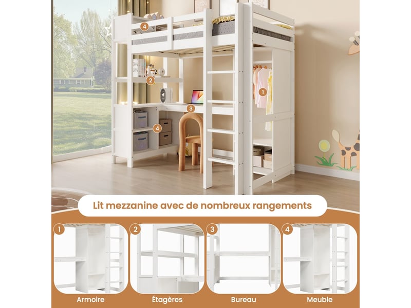  Lit mezzanine avec bureau 90 x 200 cm étagères de rangement plusieurs compartiments bureau intégré meuble à vêtements coloris blanc  - Conforama E