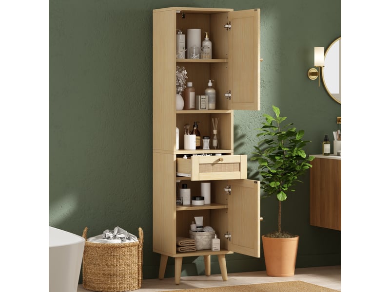  Armoire de salle de bain sur pied 40x30x166 cm, meuble haut avec portes en rotin réversibles, tiroir, fermeture douce,mdf, naturel Bliss Lite - Conforama D