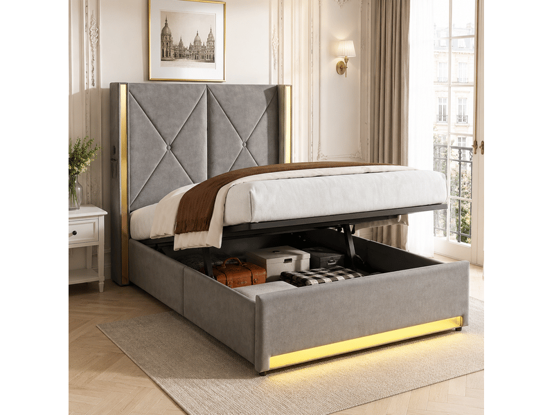  Lit coffre enfant 90x200 cm en velours gris foncé avec usb, type-c et led  - Conforama R