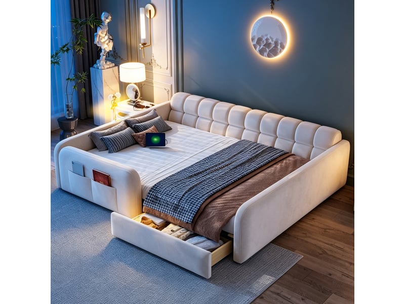  Lit enfant 140x200 cm, lit banquette rembourré, tiroir, veilleuse, usb-c, barrières, sommier, velours, beige CozyNest - Conforama E