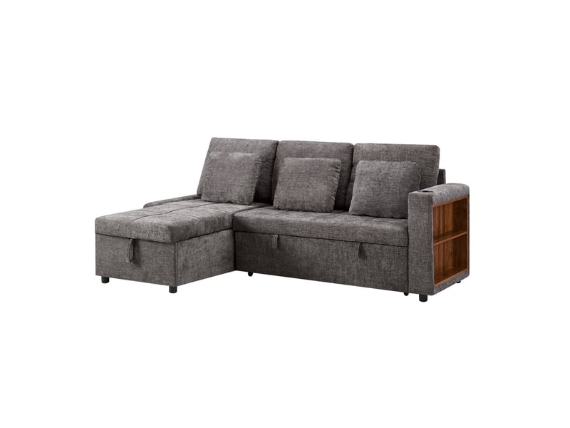 Canapé-lit 3 places 201,3x126,1x86,1 cm avec fonction convertible, rangement, porte-gobelet en tissu chenille gris  - Conforama A
