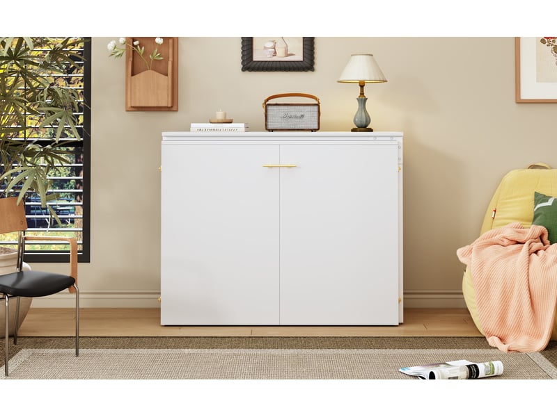 Lit escamotable 90x200 cm avec bureau pivotant et matelas, lit armoire mobile gain de place, blanc et bois OPULERANE TRADING LTD - Conforama C