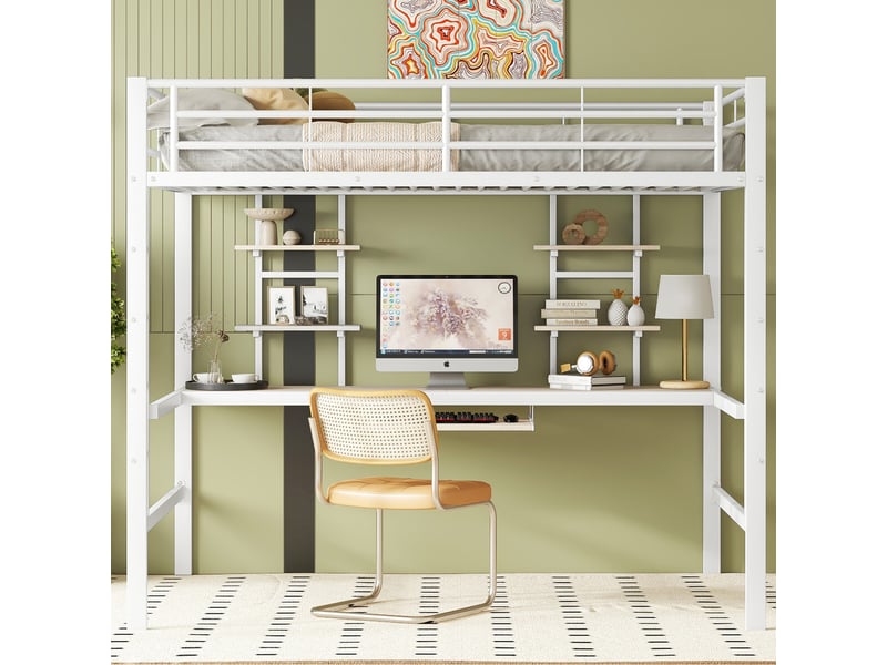  Lit mezzanine 140x200 cm en métal blanc avec bureau et deux bibliothèques  - Conforama B