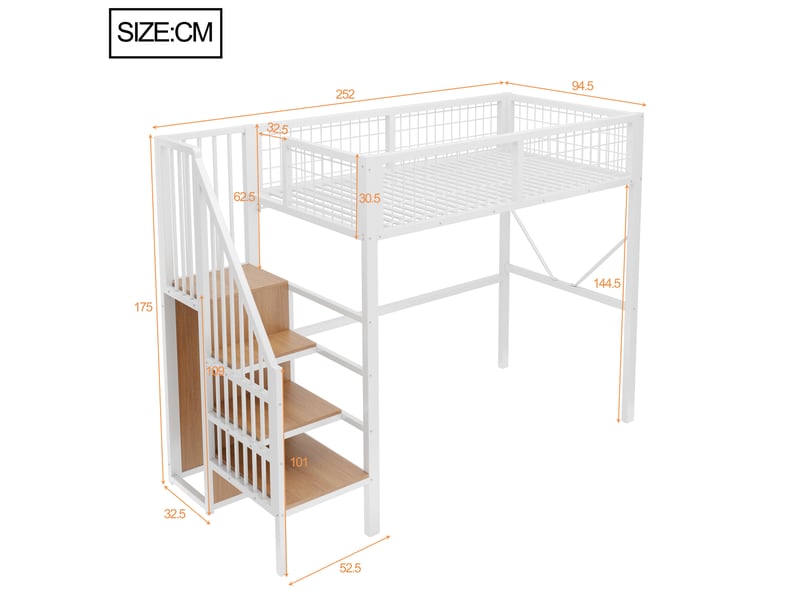  Lit mezzanine 90x200 cm en métal avec échelle de rangement, éclairage led, garde-corps sécurisé et espace bureau ou canapé sous le lit - blanc  - Conforama C