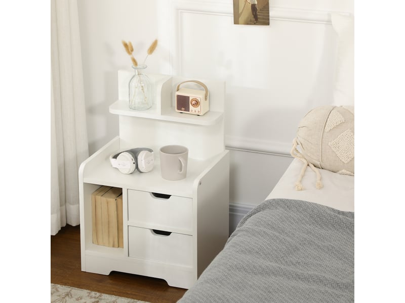  Table de chevet table de nuit multi-rangement 2 tiroirs niche étagère en bois blanc  - Conforama C