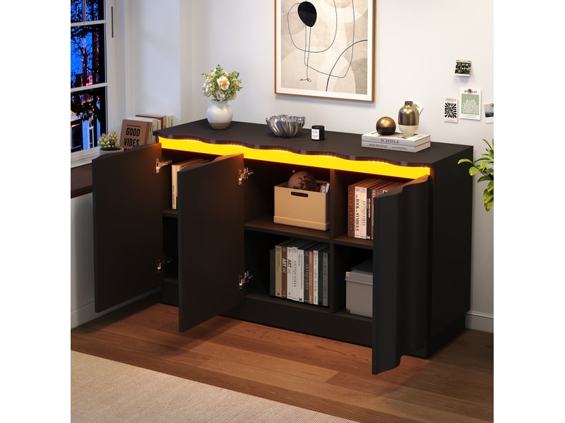  Buffet 120x39.5x69.5 cm à 3 portes avec led bluetooth, noir mat  - Conforama D