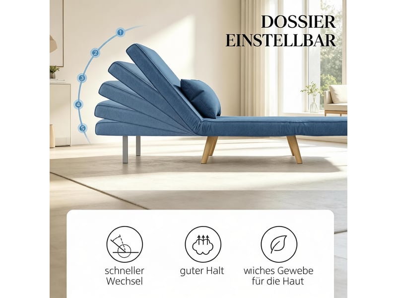 Fauteuil convertible avec dossier réglable 5 positions, coussin amovible, structure en métal et polyester bleu, 72 × 75 × 85 cm - Conforama E