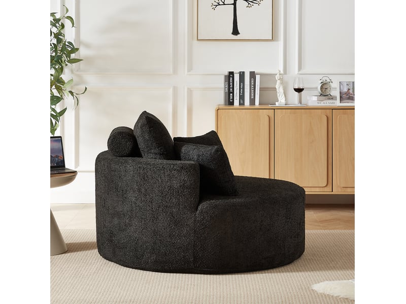 Fauteuil de repos 1 place en mousse avec coussin cylindrique, sans montage, en chenille noir, 127 × 127 × 82 cm - Conforama E