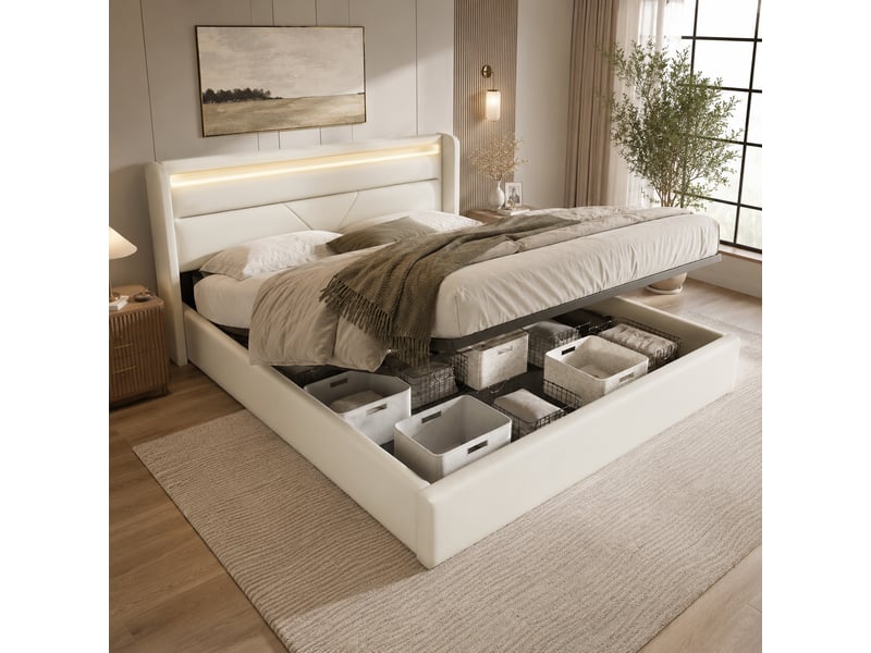  Lit coffre 140x200 cm rembourré avec rangement hydraulique, lit double avec tête de lit led télécommande, sommier à lattes inclus, pu - blanc  - Conforama C