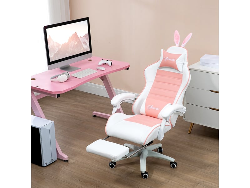  Chaise gaming ergonomique rose avec soutien lombaire repose-pieds oreilles de lapin et coussin tête  - Conforama D