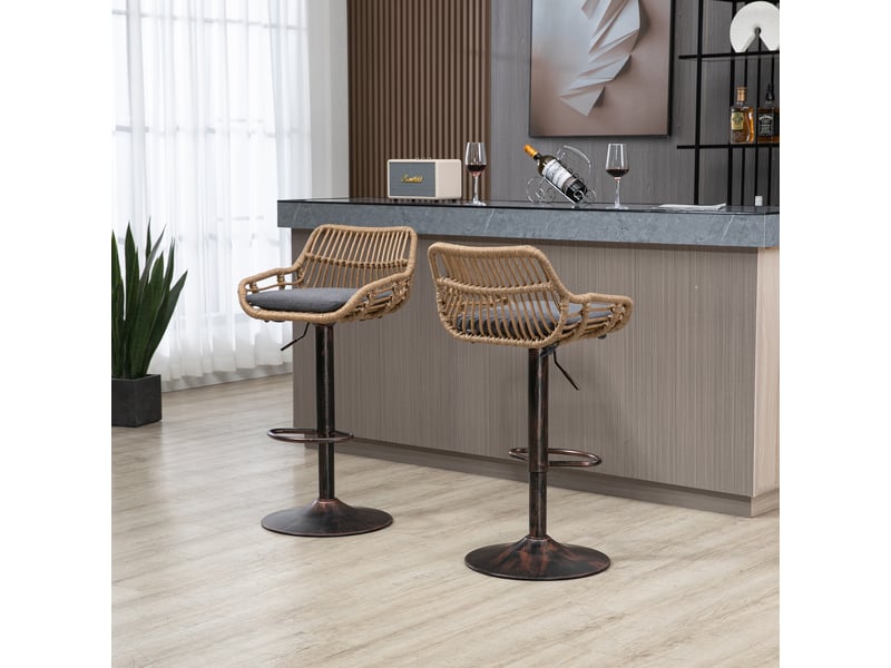  Lot de 2 chaises 49 x 48 x 89-109 cm design rétro, assise en lin, robuste et confortable, rotin pe et base métal, gris  - Conforama W