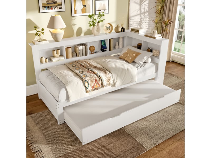  Lit de jour, 90 x 200 cm, canapé-lit, lit de jour avec lit gigogne, prise électrique et 2 ports usb, sommier à lattes (sans matelas), panneaux de particules, blanc  - Conforama B