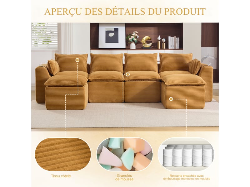 Canapé modulable 4 places en velours côtelé orange 322x161x75 cm avec 2 poufs, coussins, poches et porte-gobelet salon W3056S00075 - Conforama E