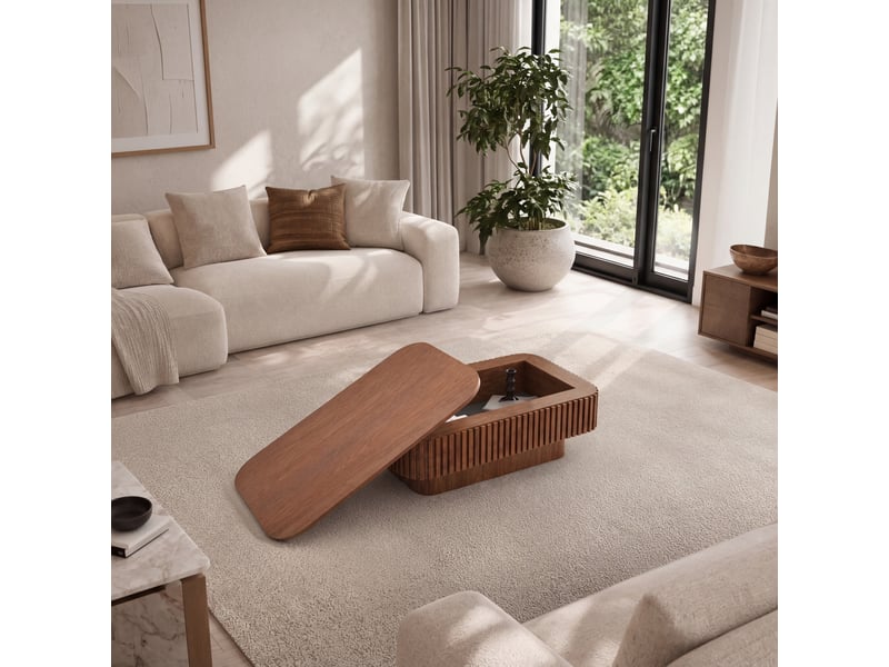  Table basse rectangulaire avec rangement dissimulé et plateau amovible, finition noyer pour salon, 98 × 60 × 35 cm  - Conforama E