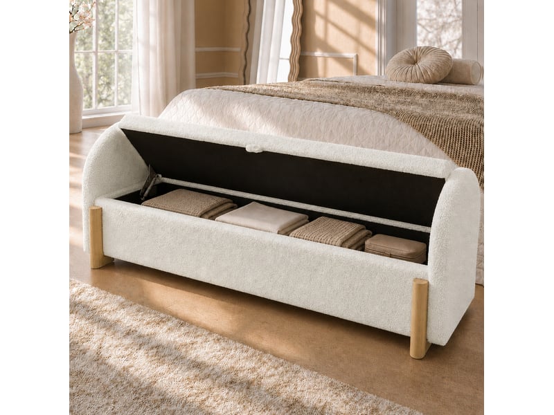  Banc coffre de bout de lit 146x47x61 cm en tissu chenille bouclé blanc  - Conforama B