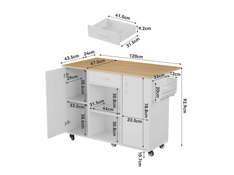  Îlot de cuisine sur roulettes 120cm, desserte avec plateau rabattable, tiroir et placard, blanc et chêne  - Conforama R