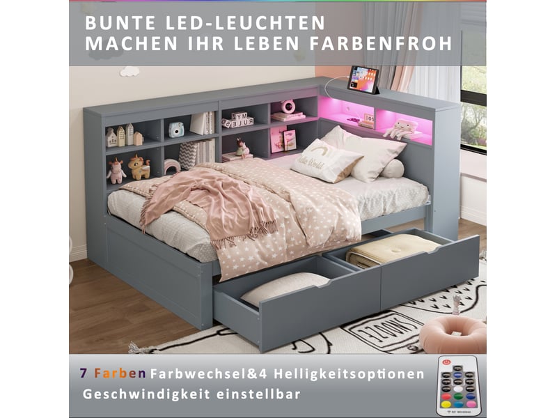  Lit multifonctionnel 90x200 cm avec rangements, usb et led, bois, gris sans matelas  - Conforama E