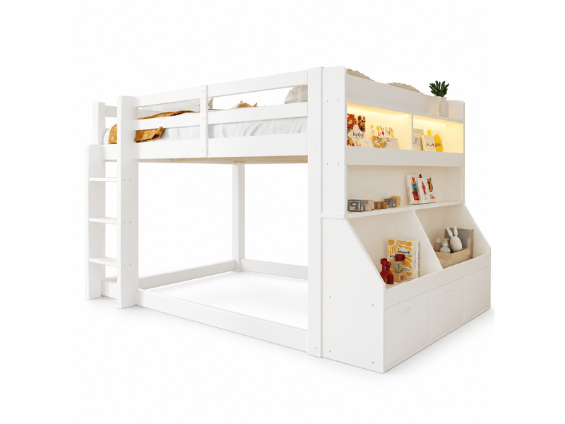  Lit mi-hauteur 140x200 cm, niches de rangement et 2 compartiments à abattant, led multicolores, espace de jeu, pin et mdf, blanc OMNIGLINT TRADING LTD - Conforama A