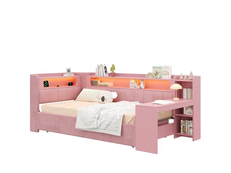  Lit gigogne 90x200 cm led et usb avec bureau en mdf et contreplaqué rose  - Conforama A