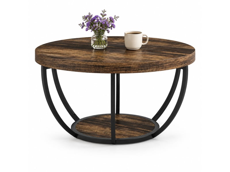  Table basse ronde à 2 niveaux, plateau en panneau de bois composite, finition rustique  - Conforama A