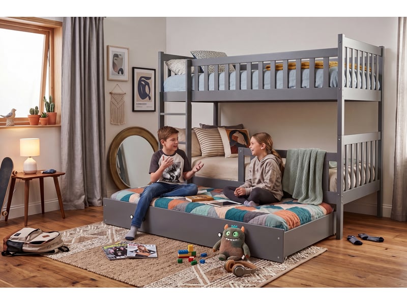 Lit superposé 3 places quba 90x190 cm + lit tiroir 80x180 cm interbeds - bois massif de pin - gris - Conforama D