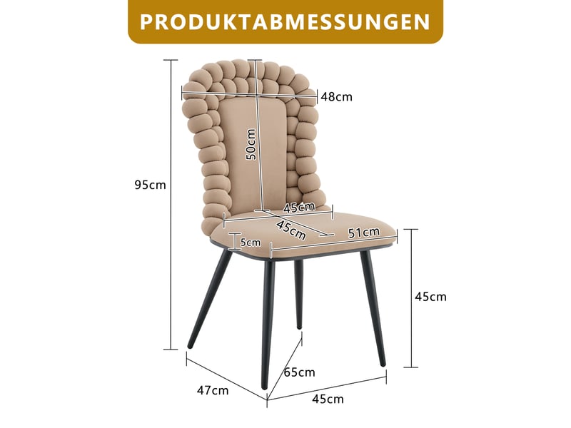  Lot de 2 chaises de salle à manger velours camel 47x51x95 cm structure métal noir dossier chaîne boule coussin épais piètement réglable evarich - Conforama C