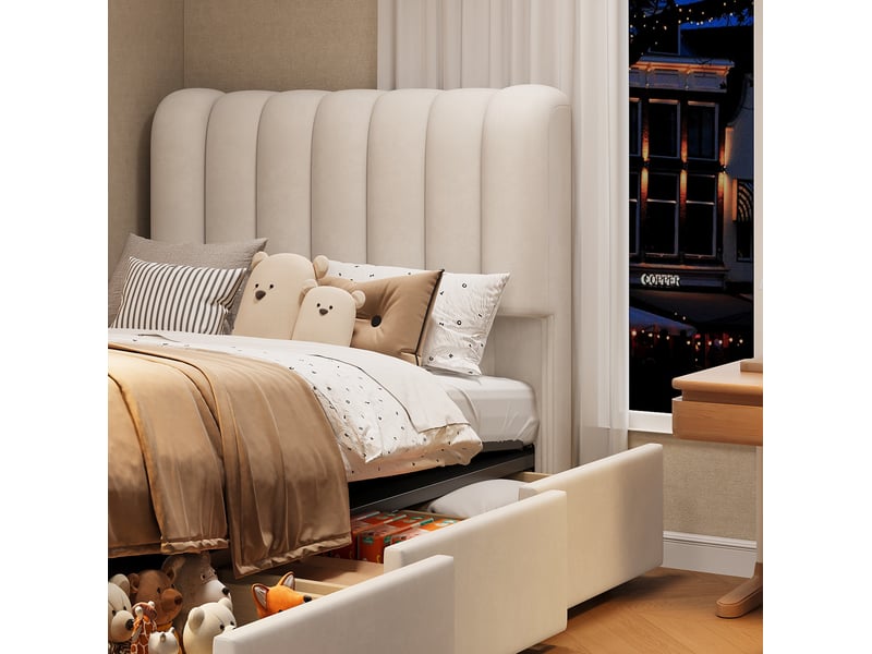  Lit pour enfant coffre, 90x200 cm, lit avec rangement, avec 3 tiroirs pratiques, led, matelas non inclus, coloris beige  - Conforama E