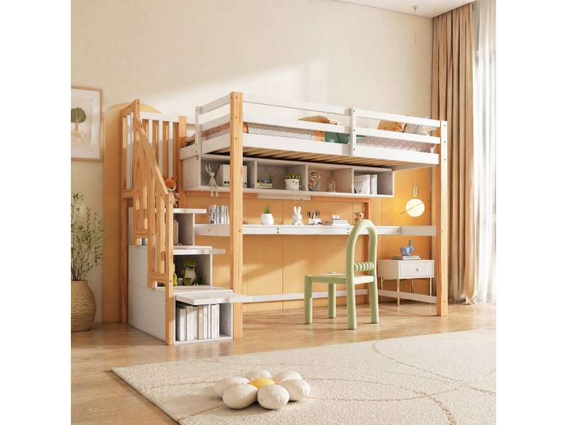  Lit mezzanine enfant 90 x 200 cm avec bureau, étagères et escalier de rangement  - Conforama B